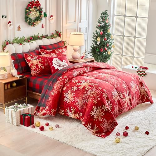 UOZZI Bedding Christmas Snowflake Queen Comforter Sheet Set 7 Pieces Reversible Holiday Bed in a Bag - Red & Gold