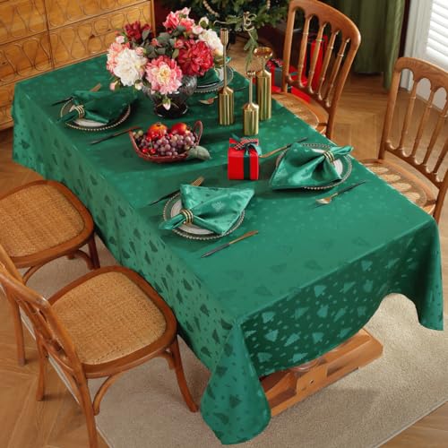 Honellaty Christmas Green Tablecloth 120x60 Inch Rectangular Jacquard Fabric Tree Pattern Holiday Decor