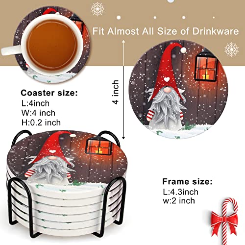 Christmas Gnome Ceramic Coasters Set with Holder - Absorbent Holiday Drink Mats - Gnome 01