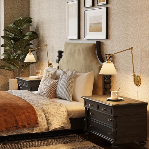 Gold Swing Arm Wall Sconce Set of 2 with Fabric Shades, Plug-in & Hardwired, Adjustable Reading Lights for Bedroom & Living Room - Beige Shade