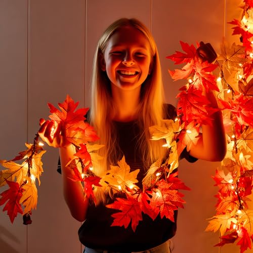 9FT Fall Garland with Lights & Large Maple Leaves - Autumn Decor, Connectable, UL Certified, Indoor & Outdoor Halloween Thanksgiving - Variation of 2