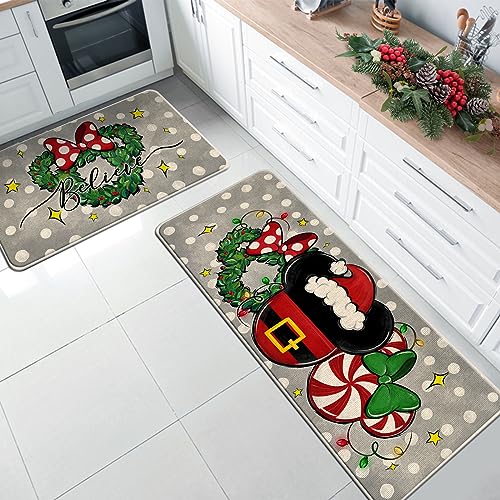 Tailus Christmas Gray Mouse Front Door Mat - Peppermint Candy Wreath 17x29 In
