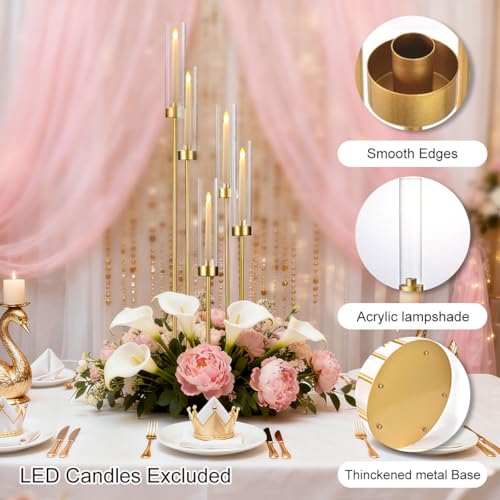 4-Pack 39-Inch Tall Gold Candelabra Centerpieces with 5 Arms & Acrylic Shades