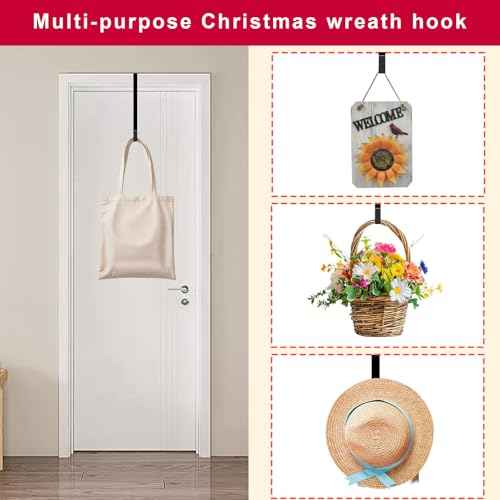 2 Pack 15" Black Wreath Hanger for Front Door, Metal Wreath Hooks Holder Over The Door Wreath Hanger for Hanging Christmas Decorations Xmas Decor
