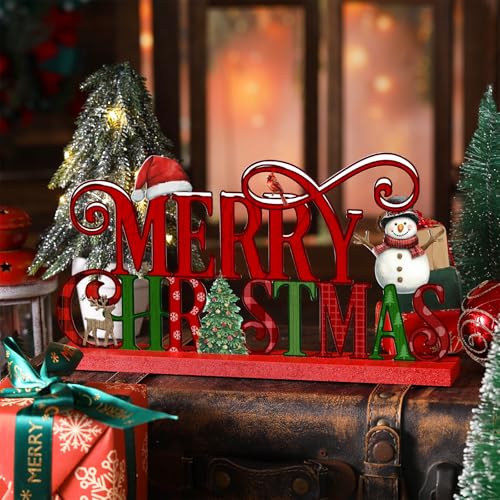 Cinnvoice 11.8 Inch Merry Christmas Sign - Red Green Table Decor (Variation: Christmas)