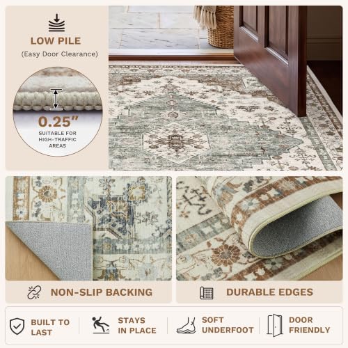 Washable Area Rug for Living Room - 8x10 Large Boho Floral Carpet, Green/Brown