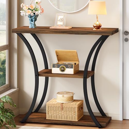 Hoctieon Rustic Brown Black 3-Tier Console Table with Open Shelves, Entryway & Sofa Table