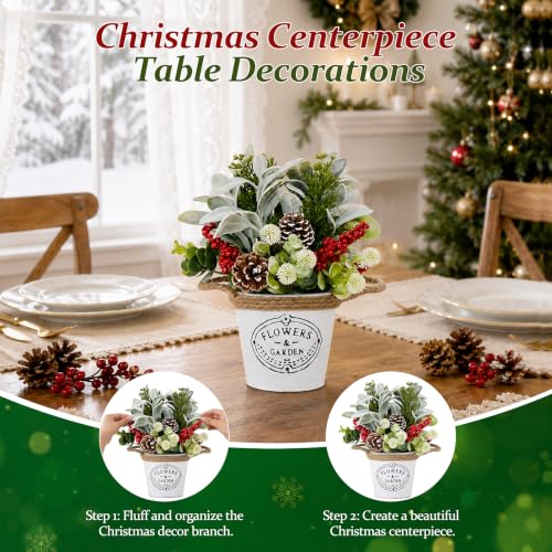 Christmas Table Decor with Metal Pot, Winter Xmas Centerpieces for