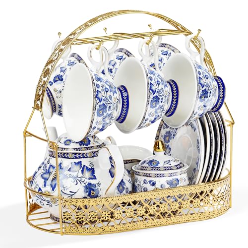 Fanquare Blue Vine Porcelain Tea Set for 6 with Teapot & Gold Rack, British Style