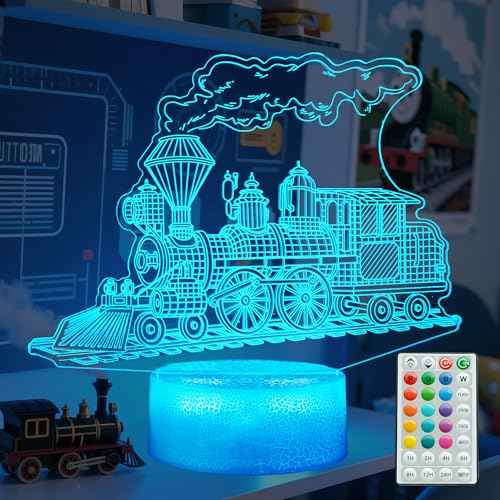Train Night Light, Train Gifts, 3D Illusion Night Light with 16 Colors Changing, Remote Control with Timer, Kids Room Decoration for Holiday Birthday Christmas