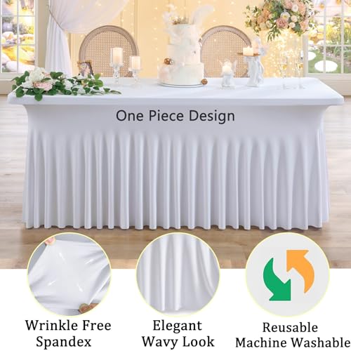 CO-AVE 6-Pack White 6FT Spandex Table Skirts for Rectangle Tables Wedding Party