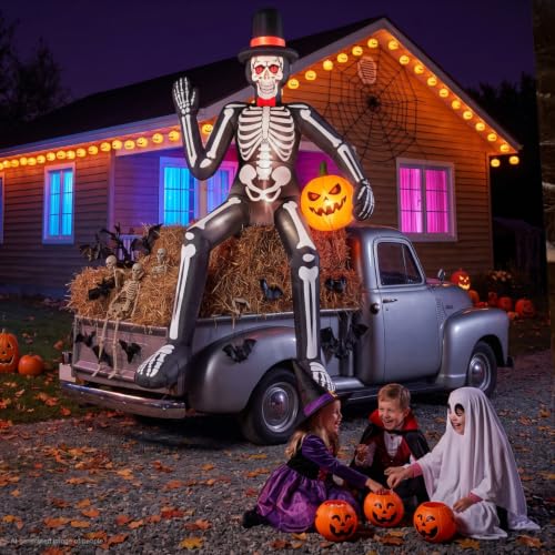 JOVIPOP 14ft Inflatable Sitting Skeleton Halloween Decor with Lights & Pumpkins