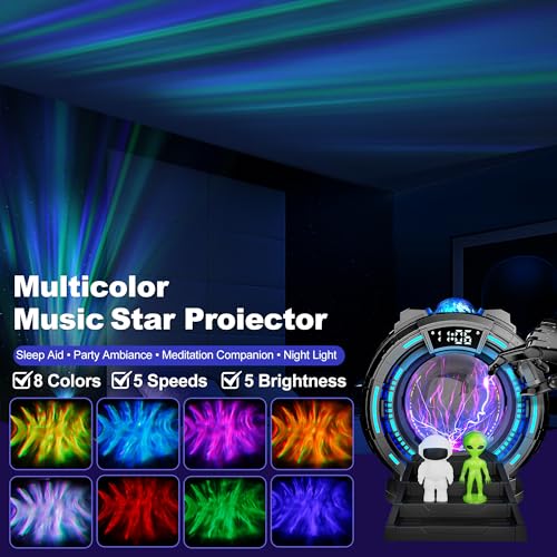 Northern Lights Projector Night Light with Remote, Clock & White Noise—Astronaut Plasma Globe