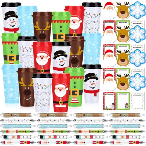 Skylety 72 Pack Christmas Coffee Cups with Lids, Holiday Gift Set, 16oz Plastic Mugs for Coworkers
