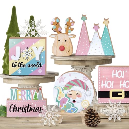 Merry Christmas Tiered Tray Decor, Pink Xmas Tree Santa Deer