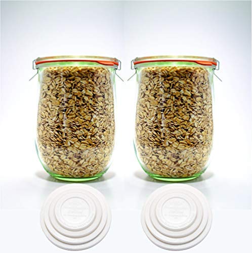 Weck Tulip Jars 1 Liter - Large Sourdough Starter Jars with Wide Mouth, Glass Lids and Keep Fresh Covers - Suitable for Canning and Storage (2 Pack)