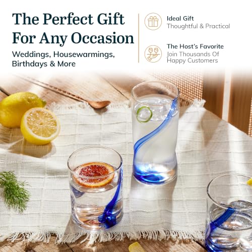 Libbey Blue Ribbon Tumbler & Rocks Glass Set of 16 - Blue Ribbon Variation