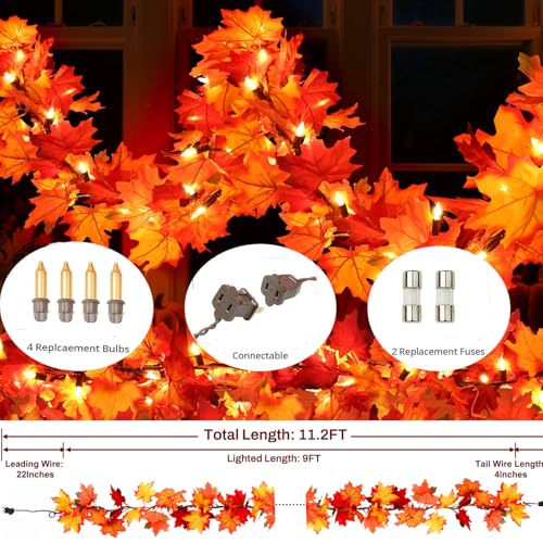 Orange 9FT Lighted Fall Maple Leaf Garland for Thanksgiving Home Decor - 2 Pack