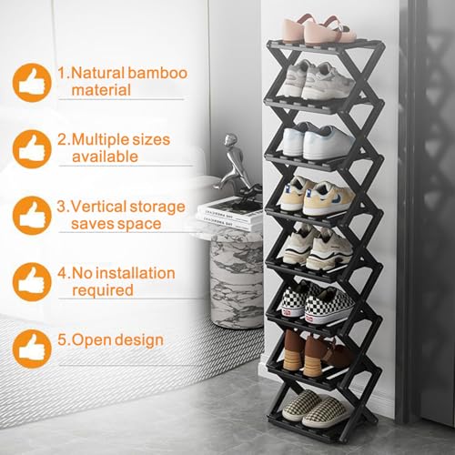 Foldable 7-Tier Vertical Shoe Rack - Black, Space-Saving & Portable
