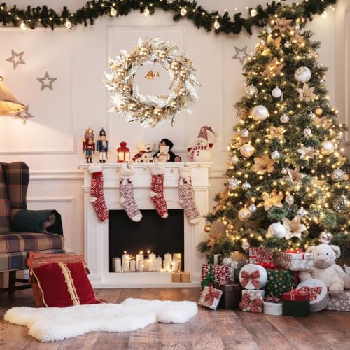 24 Inch Gold Christmas Wreath with Berries Bells Pampas Grass for Front Door & Indoor Decor