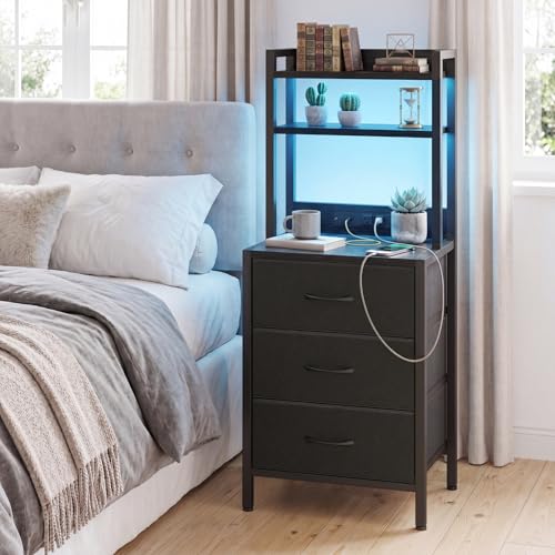 Fixwal 41 Inch Black Nightstand with Charging Station & 3 Drawers, RGB LED