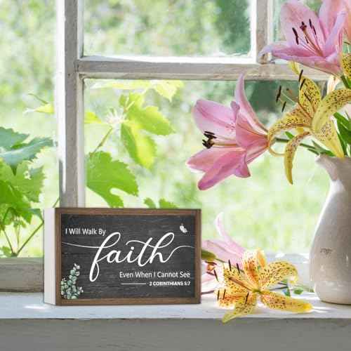 I Will Walk By Faith Wooden Box Sign Decor,2 Corinthians 5:7 Scripture Religious 10.3x6 Inches Wood Block Prayer Sign for Christian Home Office Shelf Wall Decor