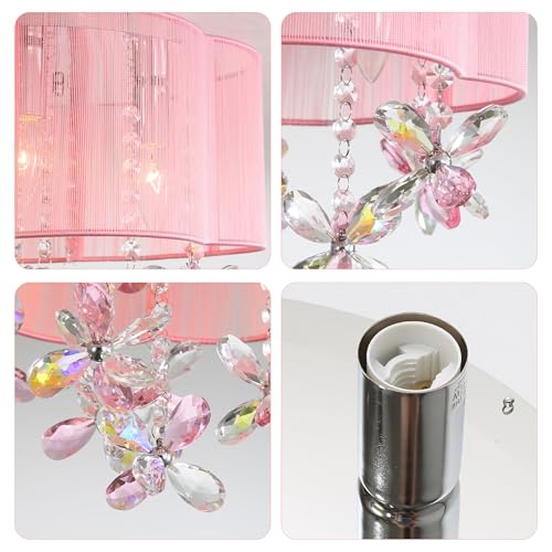Pink Mini Chandelier Ceiling Light - 13-Inch Crystal Flush Mount with Handmade Flower Lampshade for Girls' Bedroom, Nursery, Dinning Room - Variation: Pink / 13" Ceiling