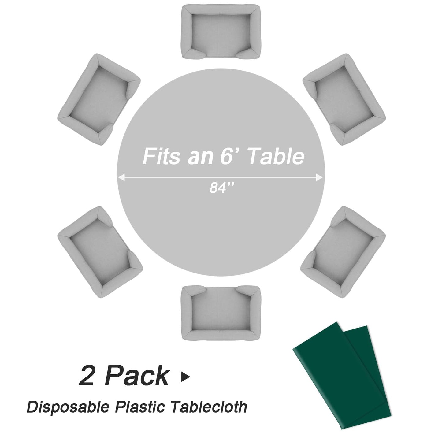 QIKSION Dark Green Round Tablecloth 2 Pack, 84 Inch Plastic Table Cover Disposable for Parties