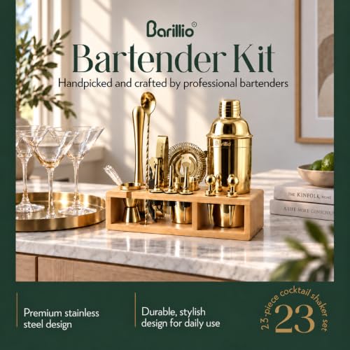 Barillio Gold Bartender Kit with Bamboo Stand - 23-Pc Cocktail Set