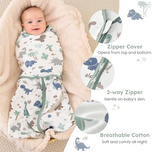 Baby Swaddle Sleep Sack 3-6 Months - Cotton Wrap with Adjustable Wings - Green Dinosaur 2 Pack