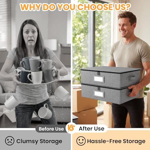 Mug Storage Box 2 Pack - Hard Shell Divider Organizer for Coffee Mugs & Glasses, Stackable Kitchen & Moving Storage