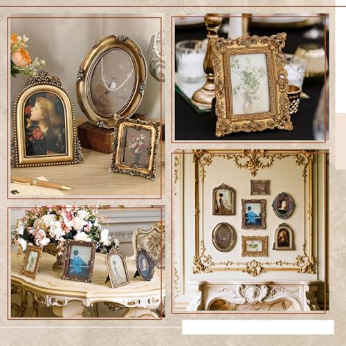 Wonderjune 7 Pcs Vintage Picture Frame Set - Antique Gold Rococo Style, Versatile Wall & Table Display - Variation of THIS listing