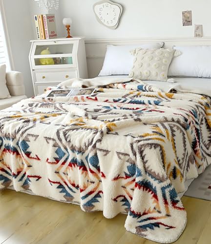 Ivory Bohemia Sherpa Fleece Blanket 90x112 Inch King Size Ultra Soft Throw