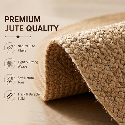 Natural Jute Braided Area Rug - 4 Feet Round, Farmhouse & Coastal Style