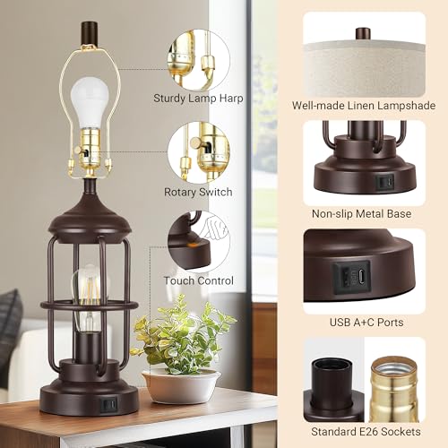 QiMH 23-Inch Set of 2 Farmhouse Industrial Nightstand Lamps with USB Ports, Oil Rubbed Bronze