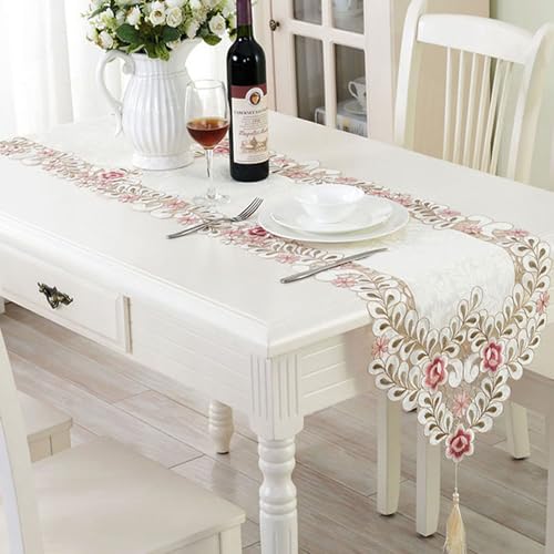 LeLehome 15" X 77" Classic Table Runner, Flowers Embroidery Lace Long Dresser Scarf Floral Cutwork Fabric Table Top Party Wedding Festival Home Decoration - Dark Red Rose