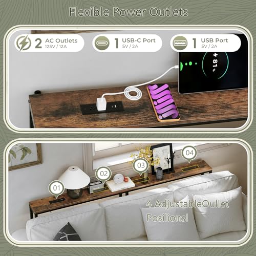 Rustic Brown 110.2" Adjustable Behind Couch Console Table with 2 Charging Stations