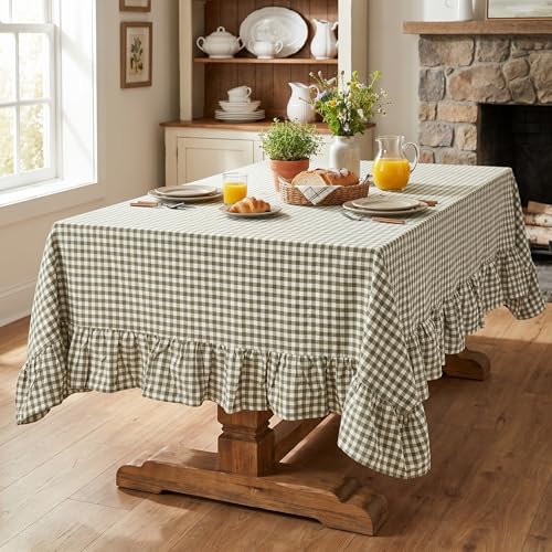 PartyDelight Sage Green Gingham Tablecloth with Ruffle 52x70 Inch Rectangular Farmhouse Decor