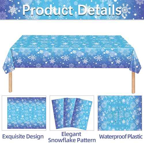 3 Pieces 54x108 Inch Snowflake Winter Wonderland Rectangle Plastic Tablecloth, Disposable Blue and Purple Table Cover with White Snowflakes for Christmas, Birthday, and Winter Party Decorations