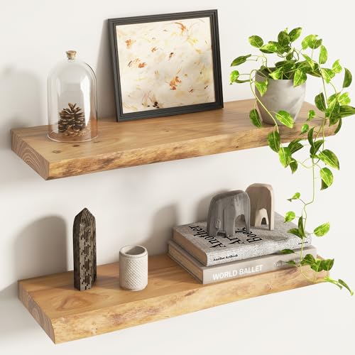 Venusmiles Natural Elm Live Edge Floating Shelves 24 Inch Heavy Duty, 2 Pack