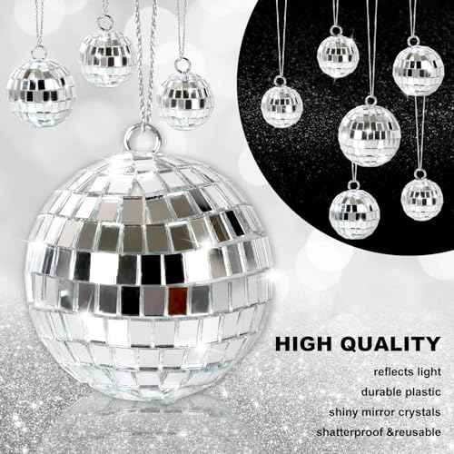 20 Pcs Mirror Disco Ball Hanging Ornaments Silver Glass Decor 70s Disco Party Decorations Ornament with Rope for Dance Birthday 70s Theme Party