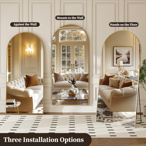 Gold Arched Full Length Floor Mirror 57x21 inch with Stand - Brushed Aluminum Frame, Shatterproof Glass, Full Body Reflection