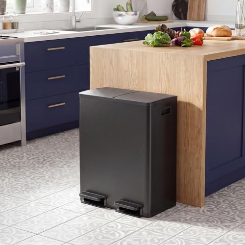 Dual Compartment Stainless Steel Trash Can - 2x30L with Lid, Black - Foot Pedal Bin with Removable Buckets