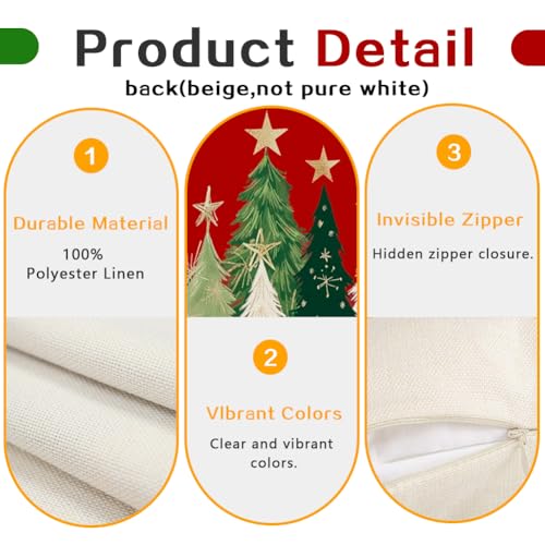 RABUSOFA Christmas Tree Pillow Cover 18x18 Red Stars, 18x18in, Hidden Zipper