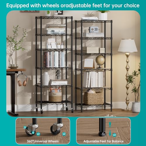 Black 6-Tier Wire Storage Shelf - Adjustable Metal Shelving Unit 17.5x11.5x61.5 Inches