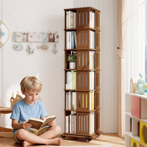 60-Inch Rotating Bookshelf Tower with 5 Tiers, Walnut Finish, Spinning Bookcase