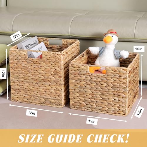 Water Hyacinth Storage Baskets Set of 3 - Large Foldable Woven Wicker Cubes for Shelves