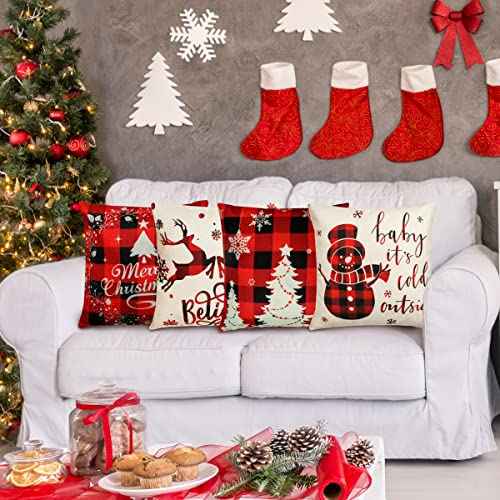 TDHDIKE Christmas Pillow Covers 18¡¿18 Inch Set of 4 Farmhouse Christmas Pillow Covers Christmas Pillow Cases for Sofa Couch Christmas Decorations Throw Pillow Covers