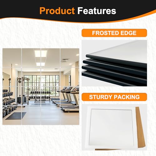 Frameless 12x12 Inch Glass Mirror Tiles - 16 Pack Home Gym Wall Decor