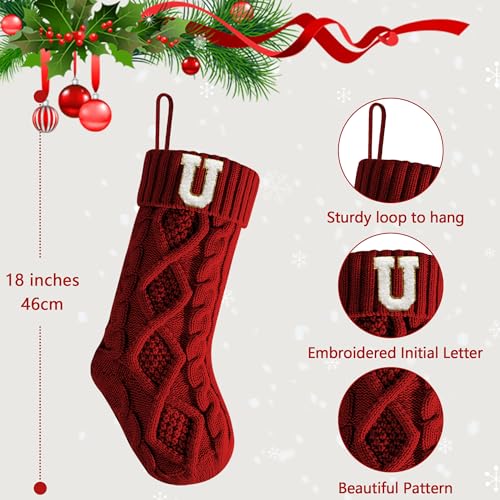 Personalized Burgundy Christmas Stocking 18 Inches with Embroidered Initial U - Classic Holiday Decor